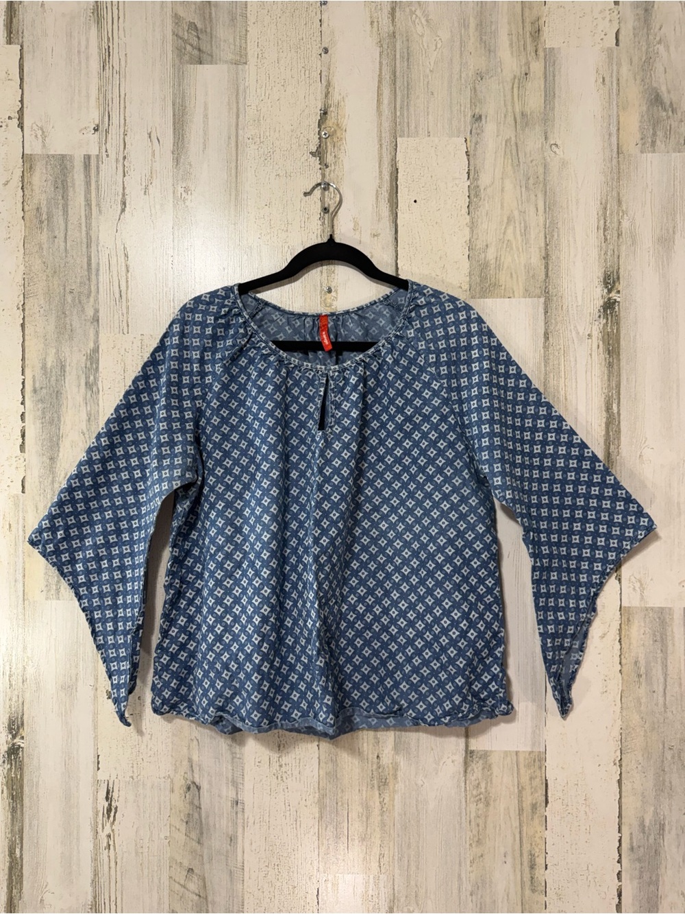 Denim Statement Sleeves Blue Geometric Print Women's Blouse